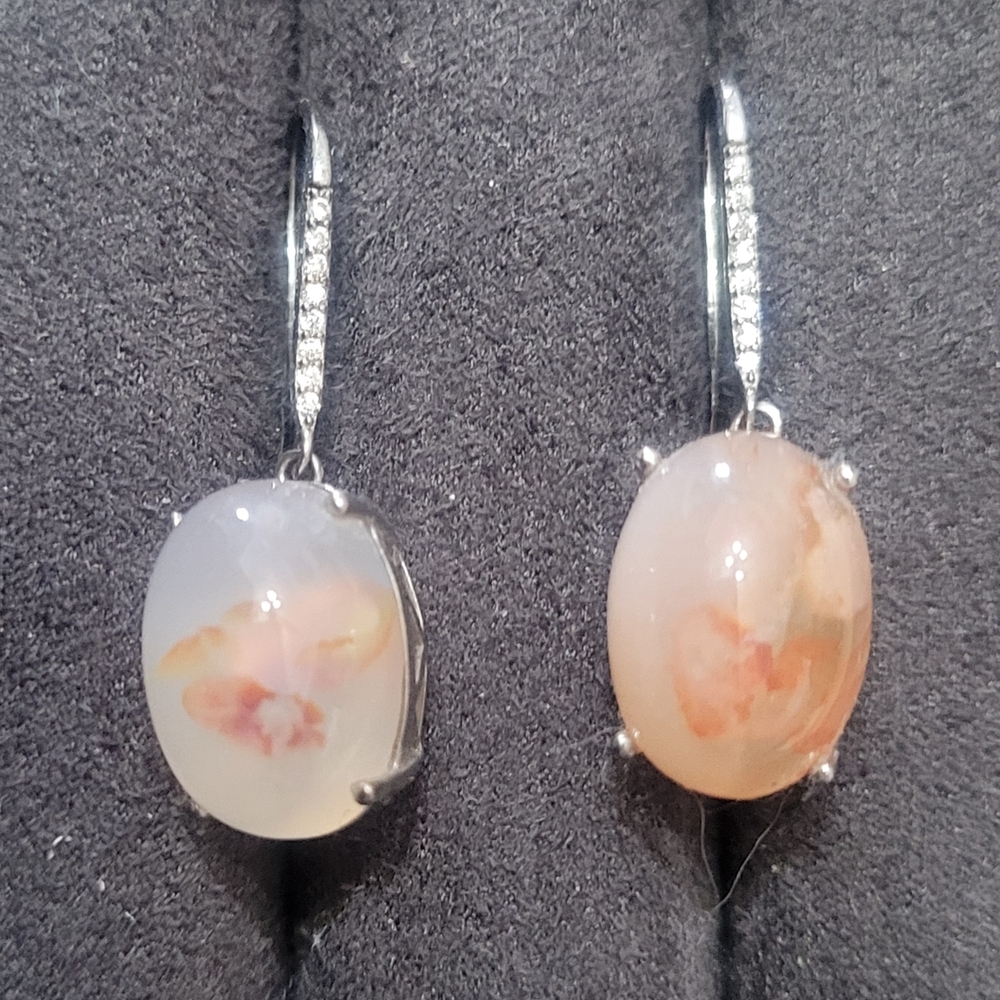 Pink Flower Agate Sterling Silver Drop Earrings